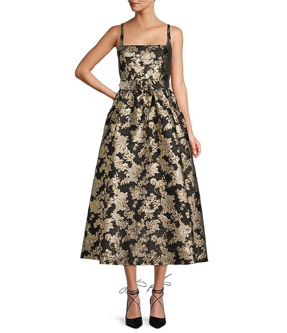 Color:Black/Gold - Image 1 - Morgan Sleeveless Square Neck Jacquard A-Line Tea Length Dress