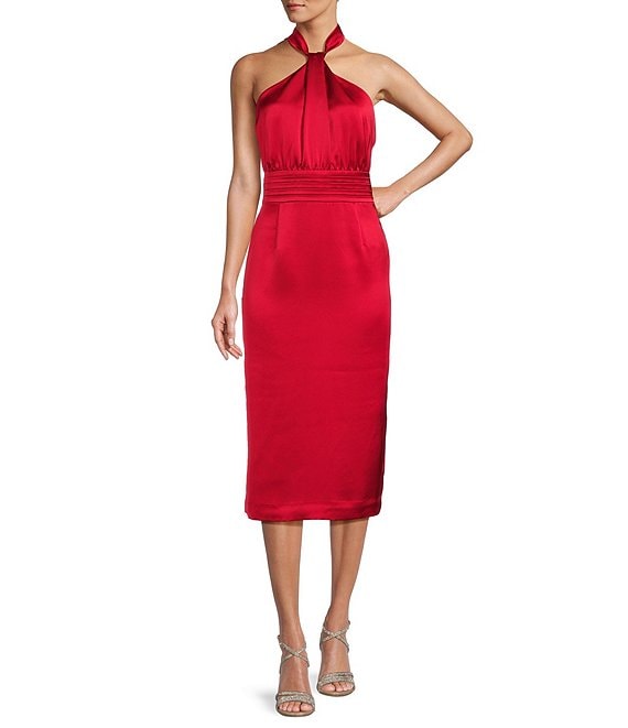 Color:Cherry - Image 1 - Naomi Satin Halter Midi Sheath Dress