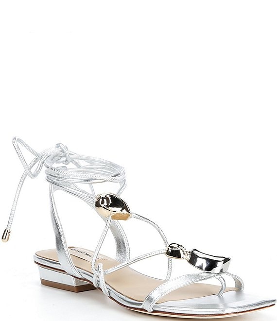 Antonio Melani Nova Metallic Leather Ornamented Strappy Flat Sandals