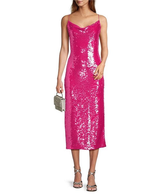 Color:Bright Pink - Image 1 - Pixie Novelty Sequin Cowl Neck Sleeveless Midi Dress