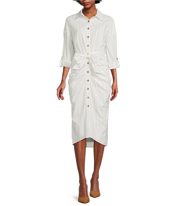 Color:White/Mist - Image 1 - Roxanne Long Sleeve Point Collar Button Front Linen Dress