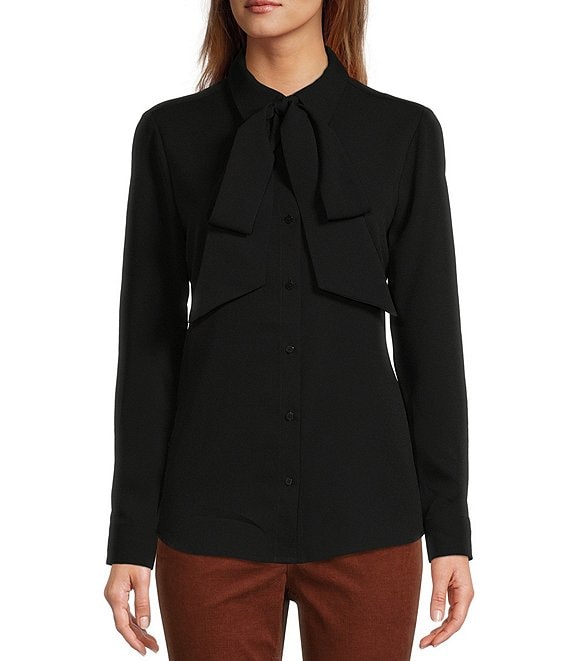 Color:Black - Image 1 - Ruby Detachable Bow Tie Long Sleeve Button Front Blouse