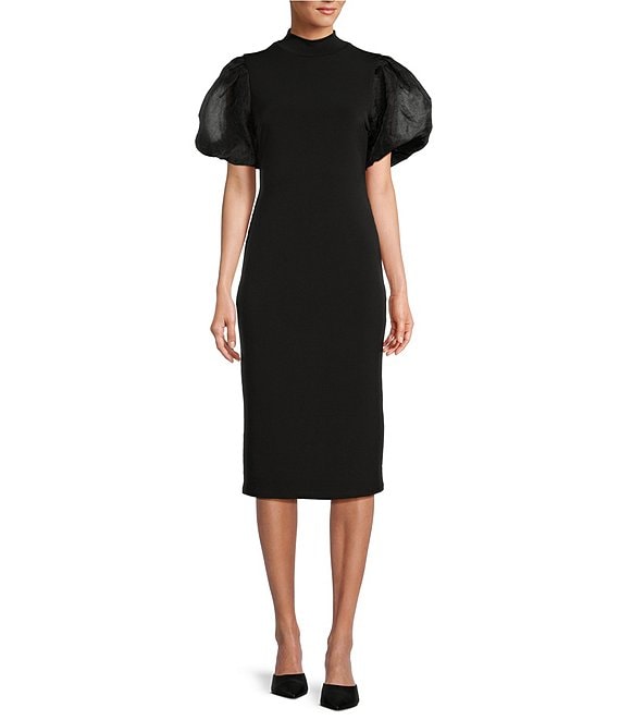 Color:Black - Image 1 - Savannah Matte Jersey Organza High Neck Puff Sleeve Dress