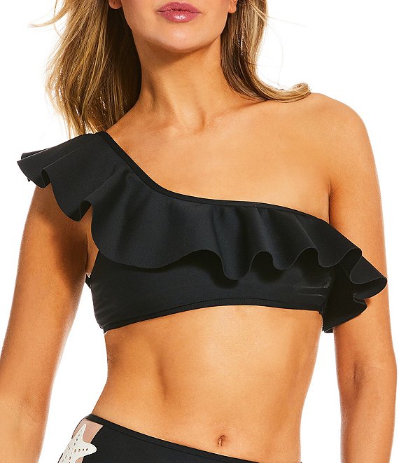 Antonio Melani Solid Bonded One Shoulder Ruffle Swim Top