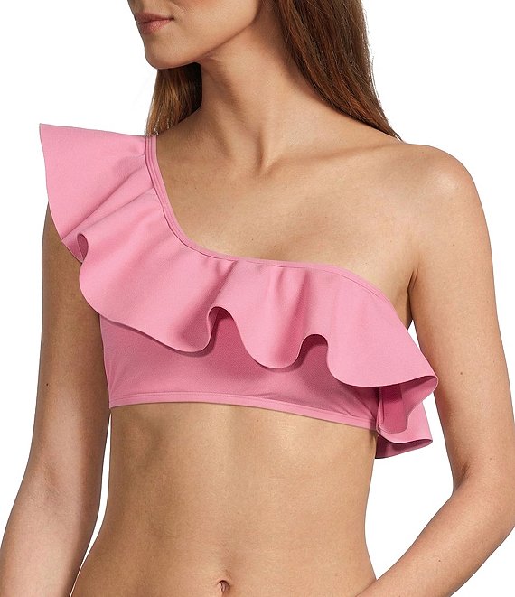 Antonio Melani Solid Bonded One Shoulder Ruffle Swim Top