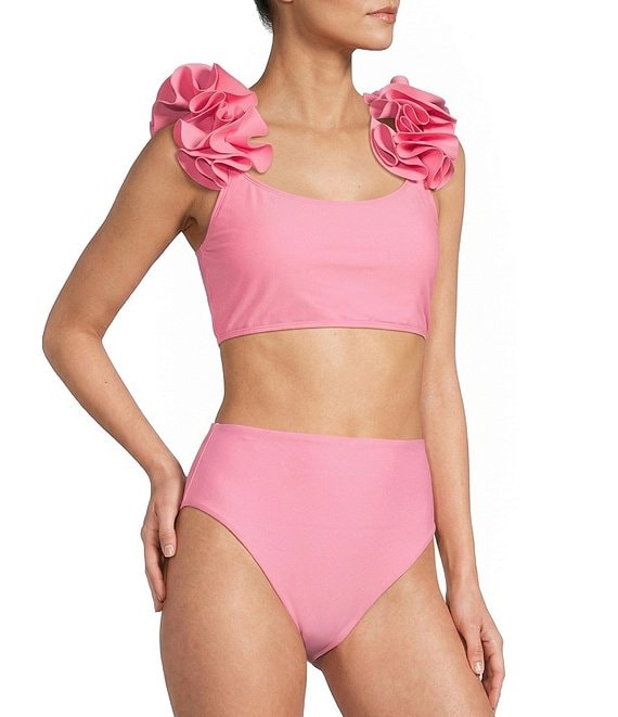 Antonio Melani Solid Bonded Rosette Strap Bralette Swim Top & Solid High Waist Swim Bottom