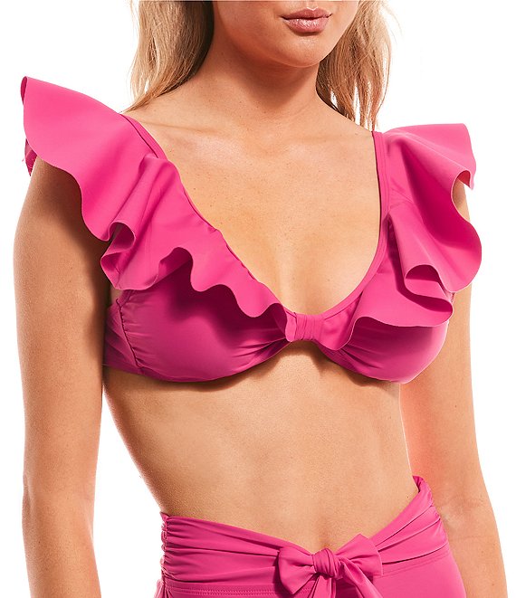 Color:Luminous Pink - Image 1 - Solid Bonded Ruffle Bralette Swim Top