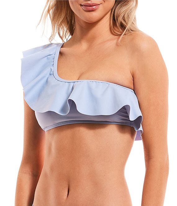 Color:Thistle - Image 1 - Solid Bonded Ruffle One Shoulder Swim Top
