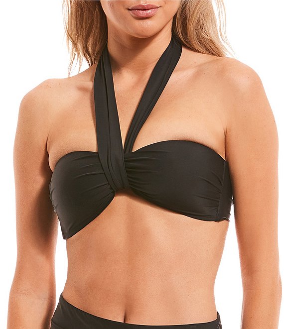 Color:Black - Image 1 - Solid Halter Tie Molded Bandeau Swim Top