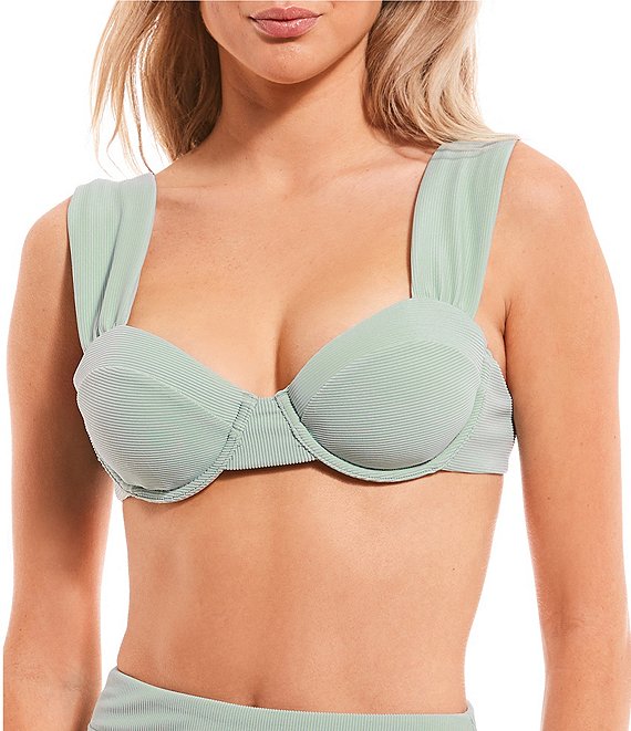 Color:Lagoon - Image 1 - Solid Ribbed Molded Underwire Bralette Swim Top