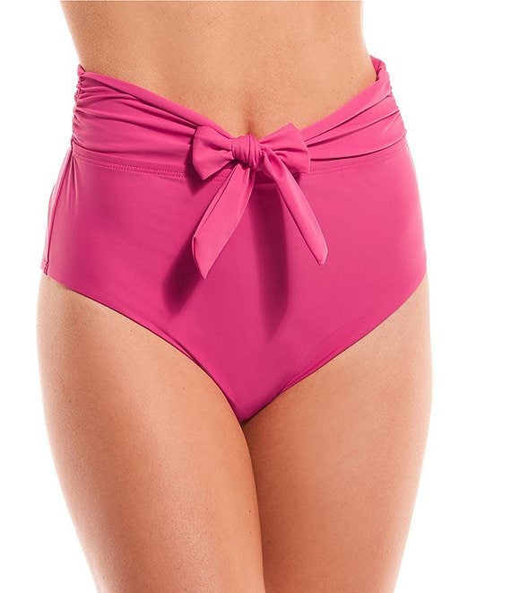 Color:Luminous Pink - Image 1 - Solid Tie Front High Waisted Swim Bottom