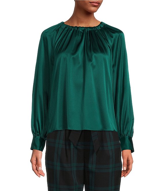 Color:Emerald - Image 1 - Sonja Gathered Silk Crew Neck Long Button Cuff Sleeve Blouse