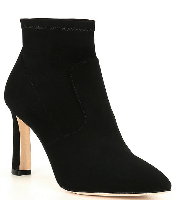 heeled black leather booties