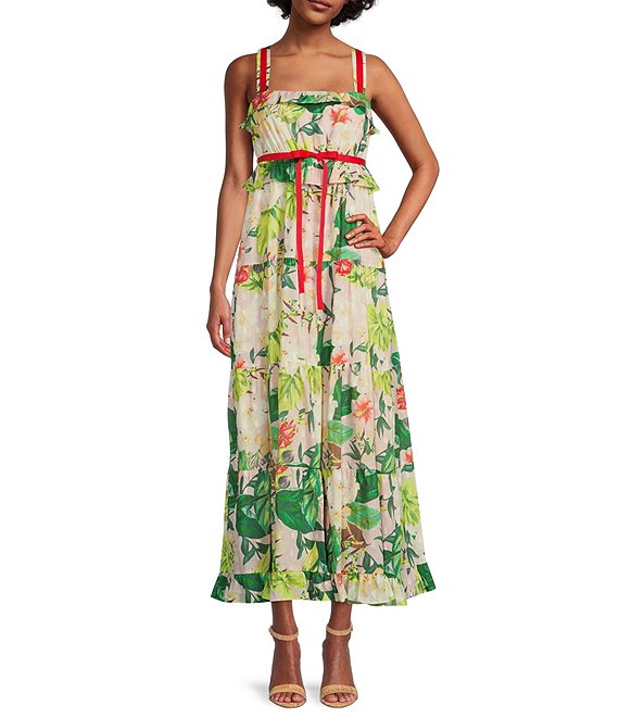 Color:Pink Floral Print - Image 1 - Tahlia Tropical Floral Print Square Neck Tie Waist Sleeveless Tiered Ruffle Hem Maxi Dress
