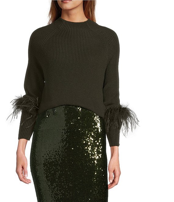 Antonio Melani Tilly Wool Blend Mock Neckline Ostrich Feather Trim Sweater
