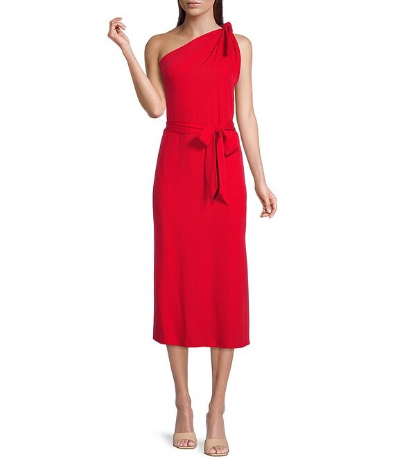 Color:Popsicle - Image 1 - Weylyn Sleeveless Asymmetrical Neck Bow Shoulder Tie Waist Midi Dress