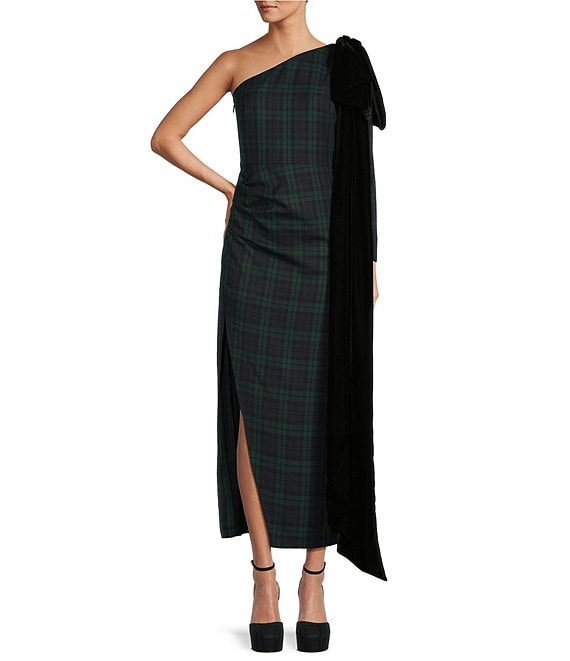 Color:Alpine/Black - Image 1 - x Born on Fifth Jennings One Shoulder Plaid Velvet Bow Detail Maxi Dress
