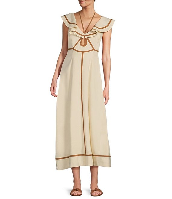 Antonio Melani x M.G. Style Kurry Flounce Shoulder Tie Neck Cut Out Linen Blend Dress Dillard s