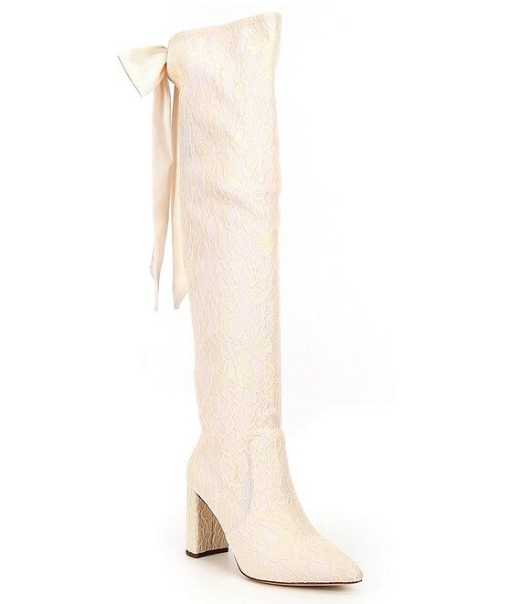 Color:Ivory - Image 1 - x Nicola Bathie Nicola Slim Calf Over-the-Knee Lace Detailed Silk Bow Dress Boots