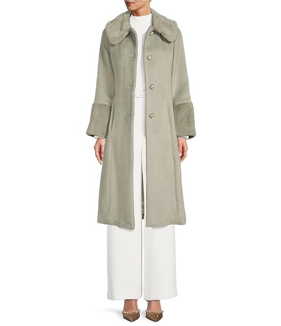 Color:Lichen - Image 1 - x Nicola Bathie Vivienne Wool Blend Long Sleeve Faux Fur Single Breasted Pearl Button Front Long Coat