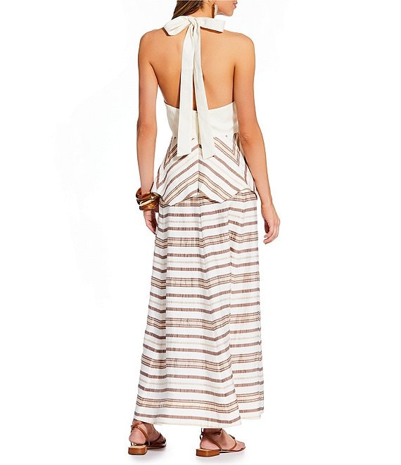 covington maxi dress Antonio Melani x Stephanie Covington Elana Linen Blend Stripe Halter Tie Open Back Peplum A-Lin, Womens, 0, Ivory/Coco
