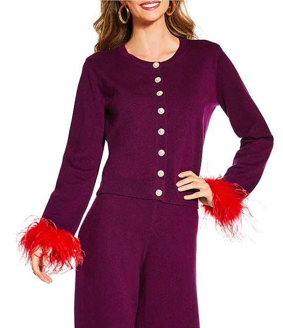 Antonio Melani x The Nat Note Lele Wool Blend Button Front Feather Cuff Coordinating Cardigan