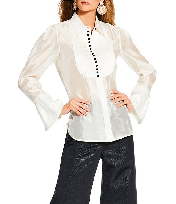 Antonio Melani x The Nat Note Polly Organza Twill Button Front Long Sleeve Blouse
