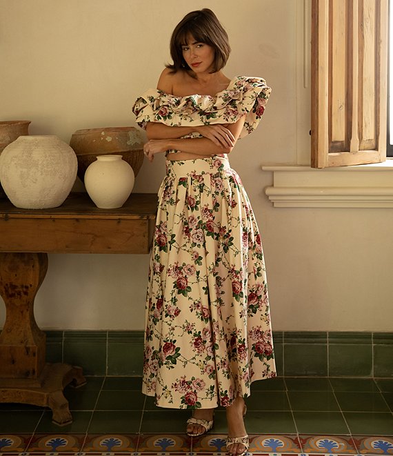 Vintage High Waist Floral Print Skirt With Pleated Ruffles And