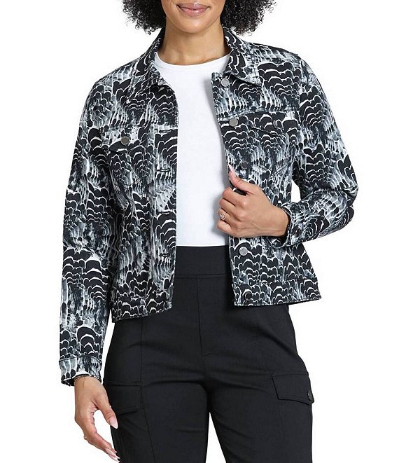 APNY Denim Monochromatic Abstract Print Point Collar Long Sleeve Crop Length Jacket
