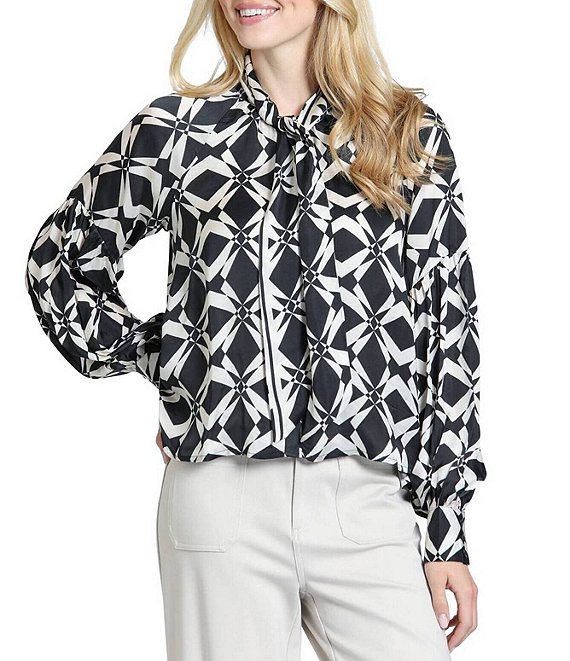 APNY Lightweight Woven Geometric Print Mock Neck Long Sleeve Pullover Tie Front Blouse