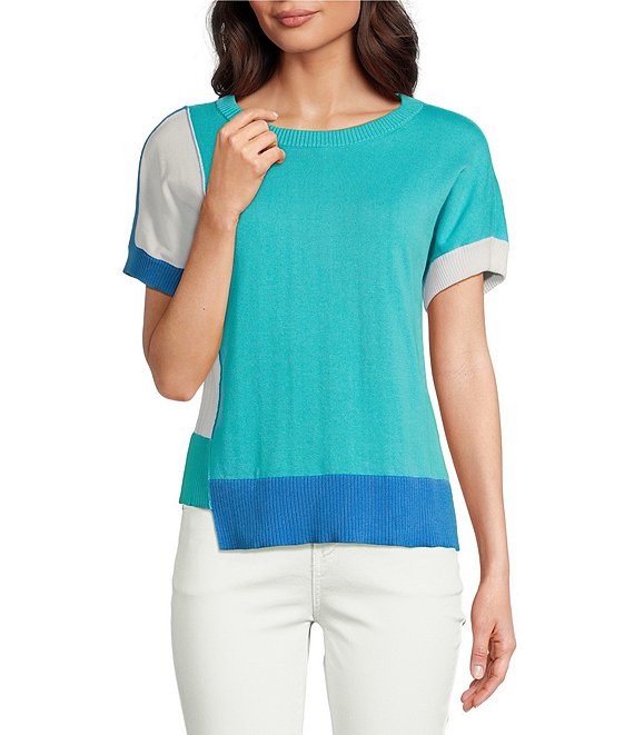 APNY Knit Color Block Crew Neck Short Sleeve Sweater, Blue Multi - Image 1