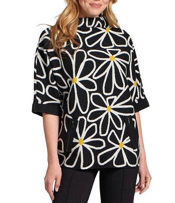 APNY Knit Floral Print Mock Neck Elbow Sleeve Sweater, Black/White - Image 1