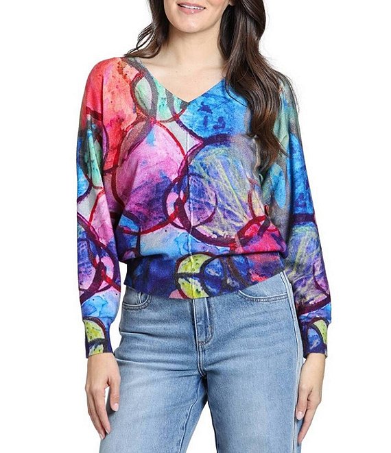 APNY Knit Overlapping Circles Print V-Neck Long Sleeve Pullover Sweater Top
