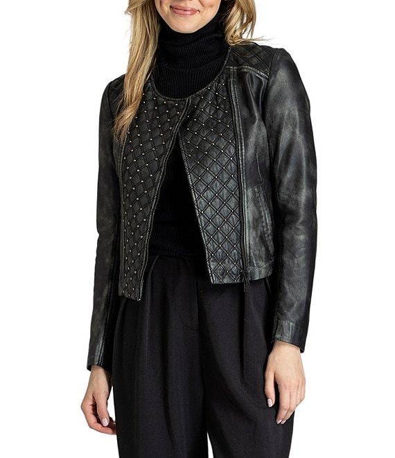 APNY Lamb Leather Quilted Beaded Collarless Long Sleeve Jacket, Black - Image 1