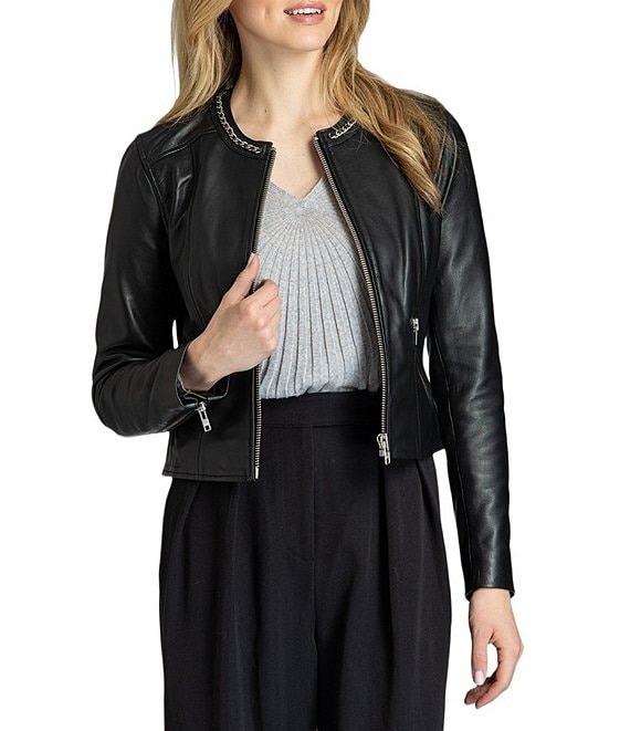 APNY Leather Round Chain Neck Long Sleeve Zip Front Jacket, Black - Image 1