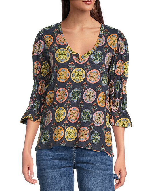 APNY Printed Knit V-Neck 3/4 Sleeve Blouse, Berry Multi - Image 1
