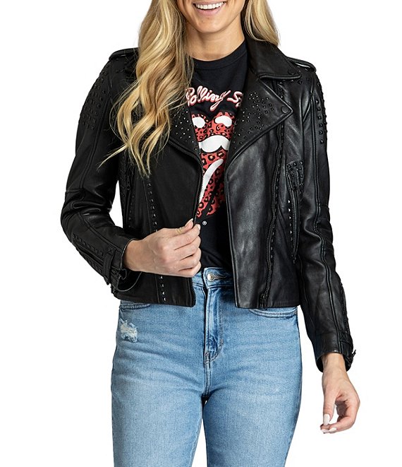 APNY Studded Leather Notch Collar Long Sleeve Cropped Jacket, Black - Image 1