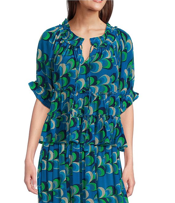 APNY Woven Coordinating Print Round Neck Short Sleeve Peasant Top