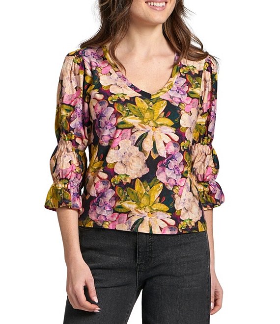 APNY Woven Floral Print V-Neck 3/4 Sleeve Blouse, Berry Multi - Image 1