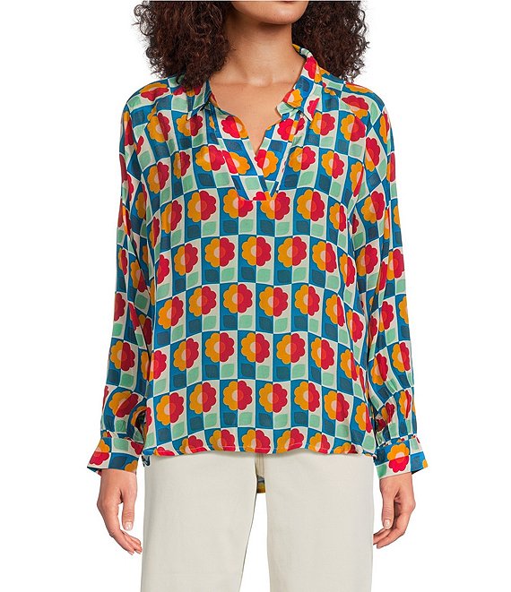 APNY Woven Floral Printed Spread Collar Long Sleeve Half Placket Blouse, Dark Orange - Image 1