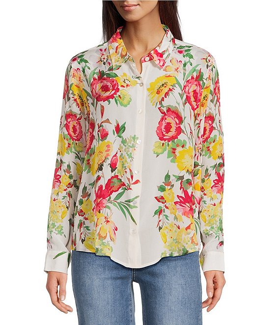 APNY Woven Printed Spread Collar Long Sleeve Button Down Shirt