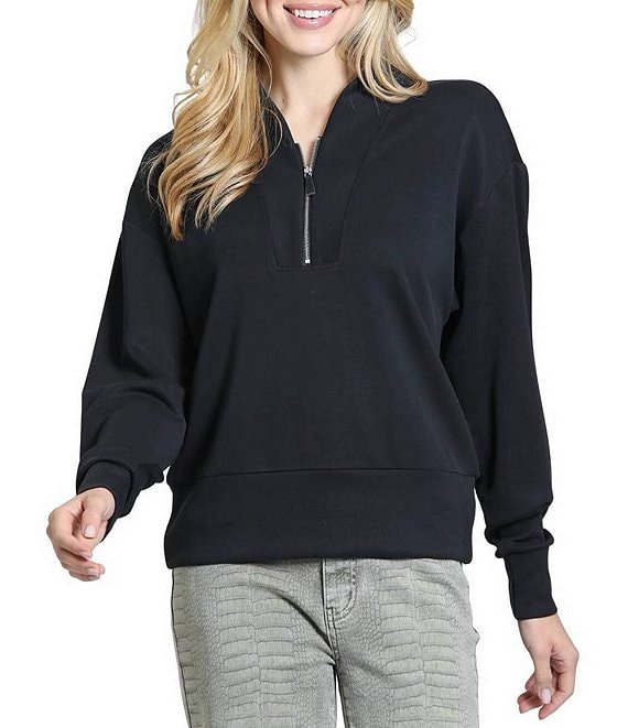 APNY Woven Stand Stand Collar Long Sleeves 1/4 Front Zipper Pullover Sweater Top