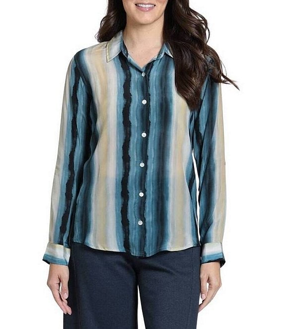 APNY Woven Watercolor Vertical Stripe Spread Collar Long Sleeve Button -Up Shirt
