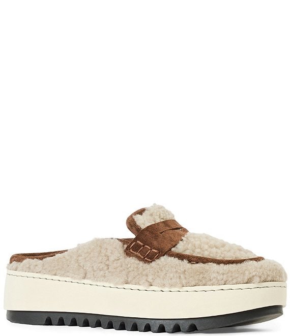 Aquatalia Amata Cozy Shearling Platform Wedge Penny Mules