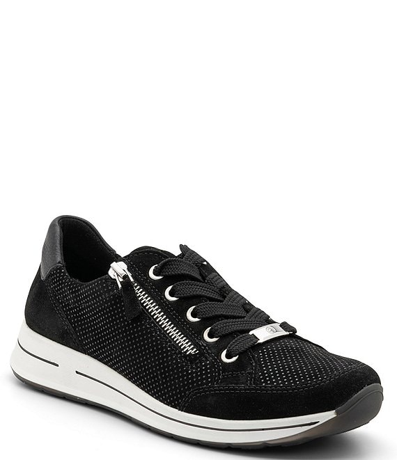 Color:Black Suede/Pin Dot - Image 1 - Oleanna Pin Dot Suede and Leather Zip Sneakers