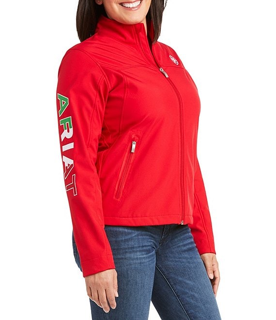 Color:Red - Image 1 - Classic Team Softshell Mexico Stand Collar Long Sleeve Zip Front Jacket