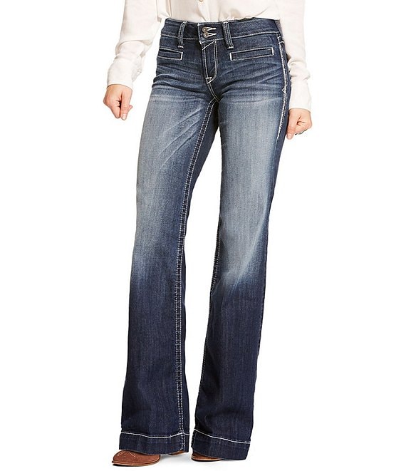 Color:Marine - Image 1 - Mid Rise Stretch Denim Embroidered Pocket Wide Leg Jeans