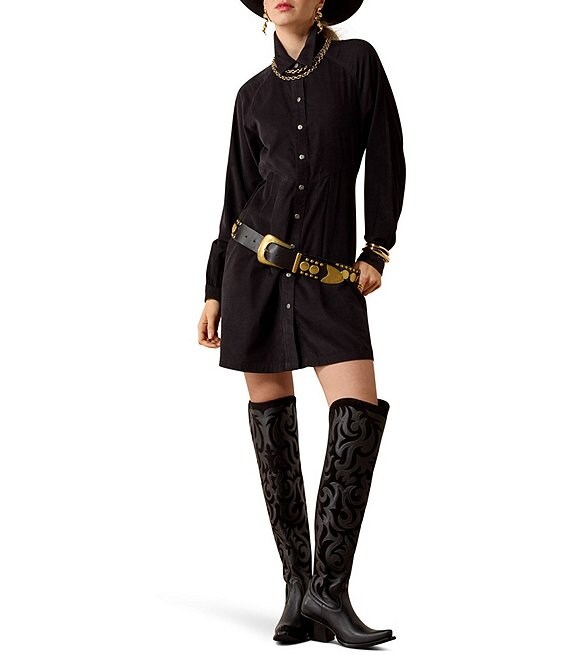 Ariat Nocturne Corduroy Point Collar Long Sleeve Front Button Mini Length A-Line Dress
