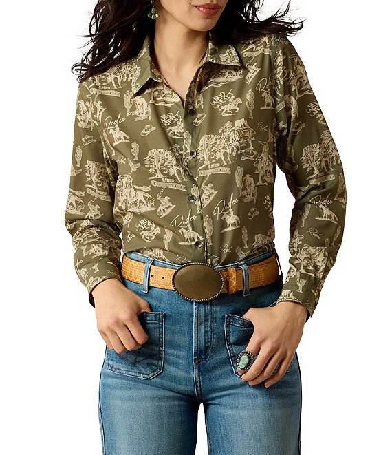 Ariat Woven Homestyle Rodeo Print Point Collar Long Sleeve Shirt