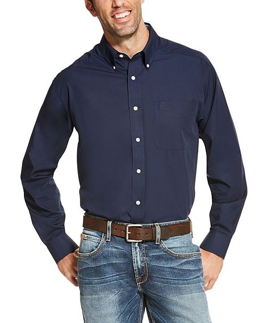 Ariat Wrinkle-Free Solid Long-Sleeve Woven Shirt, Navy - Image 1
